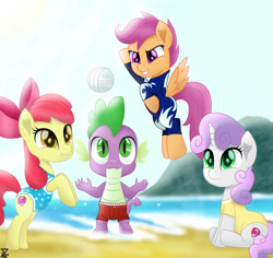 Size: 921x868 | Tagged: safe, artist:theretroart88, imported from ponybooru, apple bloom, scootaloo, sweetie belle, dragon, earth pony, pegasus, pony, unicorn, ball, beach, best friends, clothes, competitive, cute, cutie mark crusaders, female, filly, happy, ocean, playing, sand, sports, summer, swimming trunks, swimsuit, they grow up so fast, volleyball, water