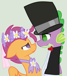 Size: 840x952 | Tagged: safe, artist:jadethepegasus, imported from ponybooru, scootaloo, spike, dragon, pegasus, pony, clothes, cute, dress, eye contact, female, filly, flower, flower in hair, hat, headdress, looking at each other, male, scootaspike, shipping, straight, suit, top hat, tuxedo, wedding dress