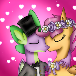 Size: 768x768 | Tagged: safe, artist:commandereclipse, imported from ponybooru, scootaloo, spike, dragon, bowtie, clothes, cute, dress, eyes closed, female, flower, flower in hair, hat, headdress, heart, kiss on the lips, kissing, male, mare, older, older scootaloo, older spike, scootaspike, shipping, straight, suit, top hat, tuxedo, wedding dress