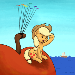 Size: 1500x1500 | Tagged: safe, artist:mkogwheel, imported from derpibooru, imported from ponybooru, applejack, bat, fruit bat, pony, apple, cowboy hat, dot eyes, female, food, giant food, hat, james and the giant peach, mare, ocean, ship, sitting, solo