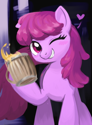 Size: 1692x2316 | Tagged: safe, artist:anonymous, berry punch, berryshine, pony, alcohol, beer, blushing, drawthread, heart, mug, smiling, winking at you