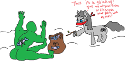 Size: 1253x646 | Tagged: safe, artist:anonymous, oc, oc only, oc:anon, earth pony, fish, human, pony, bag, bandana, fake gun, female, hands up, male, mare, nudity, robbery, snow, snowmare, snowpony (species), taiga pony, yakutian horse