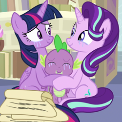 Size: 880x880 | Tagged: safe, edit, edited screencap, editor:undeadponysoldier, imported from ponybooru, screencap, spike, starlight glimmer, twilight sparkle, alicorn, dragon, pony, unicorn, a horse shoe-in, animated, best friends, best friends until the end of time, crying, cute, daaaaaaaaaaaw, emotional, family, female, glimmerbetes, group hug, happy, heartwarming, hug, male, mare, scroll, spikabetes, spikelove, tears of joy, teary eyes, touching, twiabetes, twilight sparkle (alicorn), wholesome, winged spike