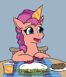 Size: 683x788 | Tagged: safe, artist:jargon scott, imported from ponybooru, sunny starscout, earth pony, pony, cup, female, food, g5, hat, malcolm in the middle, mare, meme, open mouth, party hat, ponified, ponified meme, potato, sitting, smiling, solo, text, unshorn fetlocks, yellow text