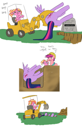 Size: 850x1322 | Tagged: safe, artist:jargon scott, imported from ponybooru, luster dawn, sunny starscout, twilight sparkle, alicorn, earth pony, pony, unicorn, burial, comic, crying, dead, dialogue, ears, faceless female, female, floppy ears, forklift, g5, gravestone, hole, mare, offscreen character, open mouth, sitting, teary eyes, twilight sparkle (alicorn), wavy mouth