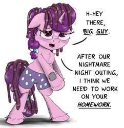 Size: 1280x1320 | Tagged: safe, artist:chopsticks, imported from derpibooru, smarty pants, sugar belle, earth pony, pony, blushing, clothes, cosplay, costume, drunk, go home you're drunk, implied big macintosh, roleplaying, solo