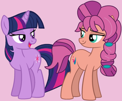 Size: 1504x1248 | Tagged: safe, artist:iambrilliancetheppg, artist:jadeharmony, imported from derpibooru, sunny starscout, twilight sparkle, earth pony, pony, unicorn, backwards cutie mark, base used, braid, duo, female, g5, looking at each other, mare, open mouth, purple background, simple background, sunny and her heroine, unicorn twilight