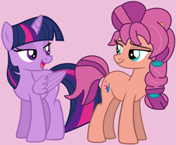 Size: 1504x1248 | Tagged: safe, alternate version, artist:iambrilliancetheppg, artist:jadeharmony, imported from derpibooru, sunny starscout, twilight sparkle, alicorn, earth pony, pony, base used, duo, female, g5, looking at each other, mare, open mouth, purple background, simple background, sunny and her heroine, twilight sparkle (alicorn)