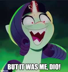 Size: 500x525 | Tagged: safe, artist:firehearttheinferno, edit, edited screencap, imported from derpibooru, screencap, rarity, pony, unicorn, spoiler:my little pony: a new generation, caption, evil, evil grin, evil rarity, female, g5, grin, image macro, insanity, jojo reference, kono dio da, mare, meme, my little pony: a new generation, pony history, possessed, rarisnap, red eyes, red pupils, sharp teeth, sinister, smiling, sproutity, teeth, text