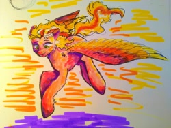 Size: 4096x3072 | Tagged: safe, artist:summrthundr, imported from derpibooru, oc, oc only, oc:sunrise vision, pegasus, pony, blonde, drawing, female, flying, green eyes, mare, marker drawing, pegasus oc, solo, traditional art