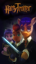 Size: 708x1258 | Tagged: safe, edit, edited screencap, editor:xbi, imported from derpibooru, screencap, earth pony, pony, spoiler:my little pony: a new generation, bipedal, book, clothes, g5, glasses, harry potter, harry potter (series), harry potter and the chamber of secrets, harry trotter, hermione granger, looking at you, magic wand, movie poster, my little pony: a new generation, necktie, ponified, ron weasley, sword, weapon