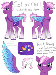 Size: 1024x1366 | Tagged: safe, artist:incendiarymoth, imported from derpibooru, oc, oc only, oc:cotton quill, pegasus, pony, spoiler:my little pony: a new generation, asexual pride flag, fluttershy's cutie mark, g5, lesbian pride flag, messenger bag, my little pony: a new generation, ponysona, pride, pride flag, twilight's cutie mark