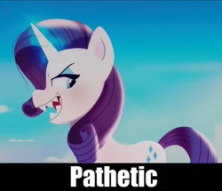 Size: 822x708 | Tagged: safe, edit, edited screencap, imported from derpibooru, screencap, rarity, pony, unicorn, spoiler:g5, spoiler:my little pony: a new generation, caption, evil, evil grin, evil rarity, female, g5, grin, image macro, my little pony: a new generation, open mouth, pathetic, possessed, sharp teeth, smiling, solo, sproutity, stray strand, teeth, text