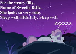 Size: 1008x720 | Tagged: safe, edit, edited screencap, imported from derpibooru, screencap, sweetie belle, pony, sleepless in ponyville, cropped, cute, diasweetes, onomatopoeia, poem, sleeping, solo, sound effects, text, tree, zzz