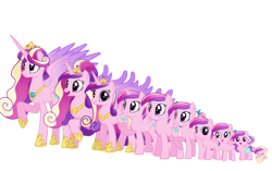 Size: 872x546 | Tagged: safe, artist:soft_angel, imported from derpibooru, princess cadance, alicorn, pegasus, pony, age progression, baby, baby pony, colored wings, crown, crystal heart, diaper, evolution, female, filly, gradient wings, hoof shoes, jewelry, mare, pegasus cadance, raised hoof, regalia, simple background, smiling, teenager, transparent background, ultimate cadance, wings