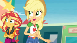 Size: 3410x1920 | Tagged: safe, imported from derpibooru, screencap, applejack, sunset shimmer, equestria girls, equestria girls series, rollercoaster of friendship, applejack's hat, belt, clothes, cowboy hat, crossed arms, cute, cutie mark, cutie mark on clothes, denim skirt, female, geode of empathy, geode of super strength, hat, high res, jackabetes, jacket, jewelry, leather, leather jacket, magical geodes, necklace, open mouth, shimmerbetes, skirt, smiling