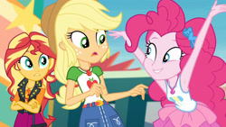 Size: 3410x1920 | Tagged: safe, imported from derpibooru, screencap, applejack, pinkie pie, sunset shimmer, equestria girls, equestria girls series, rollercoaster of friendship, applejack's hat, armpits, belt, clothes, cowboy hat, crossed arms, cutie mark, cutie mark on clothes, denim skirt, female, geode of empathy, geode of sugar bombs, geode of super strength, hat, high res, jacket, jewelry, leather, leather jacket, magical geodes, necklace, open mouth, skirt, smiling, tanktop