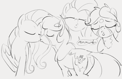 Size: 1128x727 | Tagged: safe, artist:dotkwa, imported from derpibooru, fluttershy, oc, oc:dotmare, earth pony, pegasus, pony, butt, canon x oc, eyes closed, female, grayscale, kiss on the lips, kissing, kissy face, lesbian, mare, monochrome, plot, shipping, simple background, white background