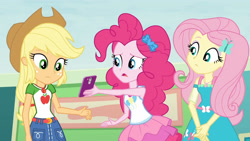 Size: 3410x1920 | Tagged: safe, imported from derpibooru, screencap, applejack, fluttershy, pinkie pie, equestria girls, equestria girls series, rollercoaster of friendship, applejack's hat, belt, cellphone, clothes, cowboy hat, cutie mark, cutie mark on clothes, denim skirt, female, geode of fauna, geode of sugar bombs, geode of super strength, hairpin, hat, high res, jewelry, magical geodes, necklace, open mouth, phone, skirt, smartphone