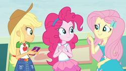 Size: 3410x1920 | Tagged: safe, imported from derpibooru, screencap, applejack, fluttershy, pinkie pie, equestria girls, equestria girls series, rollercoaster of friendship, applejack's hat, belt, cellphone, clothes, cowboy hat, cutie mark, cutie mark on clothes, denim skirt, female, geode of fauna, geode of sugar bombs, geode of super strength, hairpin, hat, high res, jewelry, magical geodes, necklace, phone, skirt, smartphone, smiling