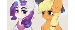 Size: 1737x707 | Tagged: safe, artist:minekoo2, edit, imported from derpibooru, applejack, rarity, earth pony, pony, unicorn, bandana, blushing, cowboy hat, cropped, digital art, duo, female, glowing, glowing horn, hat, heart, horn, lesbian, looking at each other, magic, mare, open mouth, rarijack, shipping, simple background