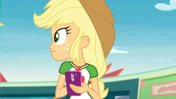 Size: 3410x1920 | Tagged: safe, imported from derpibooru, screencap, applejack, equestria girls, equestria girls series, rollercoaster of friendship, applejack's hat, cellphone, clothes, cowboy hat, cutie mark, cutie mark on clothes, female, geode of super strength, hat, high res, jewelry, magical geodes, necklace, phone, smartphone, solo