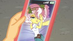 Size: 3410x1920 | Tagged: safe, imported from derpibooru, screencap, applejack, vignette valencia, equestria girls, equestria girls series, rollercoaster of friendship, cellphone, female, hair over one eye, hashtag bangs, high res, looking at you, phone, pillow, smartphone, smiling, smiling at you, solo focus, what were they thinking, you know for kids