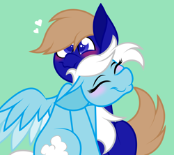 Size: 1000x889 | Tagged: safe, artist:feather_bloom, imported from derpibooru, oc, oc:blue_skies, oc:feather_bloom, earth pony, pegasus, pony, blushing, couple, cuddling, duo, eyes closed, heart, hug, in love, oc x oc, shipping