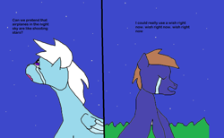 Size: 1306x802 | Tagged: safe, artist:feather_bloom, imported from derpibooru, oc, oc only, oc:blue_skies, oc:feather_bloom, earth pony, pegasus, aeroplanes and meteor showers, airplanes (song), couple, duo, meme, oc x oc, shipping, shitposting