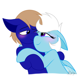 Size: 2000x2000 | Tagged: safe, artist:feather_bloom, imported from derpibooru, oc, oc:blue_skies, oc:feather_bloom, earth pony, pegasus, pony, blushing, couple, cuddling, duo, high res, in love, looking at each other, oc x oc, one eye closed, shipping