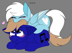 Size: 2442x1820 | Tagged: safe, artist:feather_bloom, imported from derpibooru, oc, oc:blue_skies, oc:feather_bloom, earth pony, pegasus, pony, blushing, butt touch, couple, cute, duo, female, gray background, heart, hoof on butt, lying down, lying on top of someone, male, oc x oc, shipping, simple background, tail, wholesome