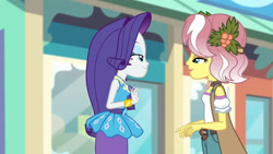 Size: 3410x1920 | Tagged: safe, imported from derpibooru, screencap, rarity, vignette valencia, equestria girls, equestria girls series, rollercoaster of friendship, bracelet, clothes, cutie mark, cutie mark on clothes, female, geode of shielding, high res, jewelry, looking at each other, magical geodes, rarity peplum dress, smiling, smiling at each other