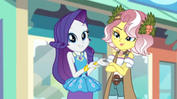 Size: 3410x1920 | Tagged: safe, imported from derpibooru, screencap, rarity, vignette valencia, equestria girls, equestria girls series, rollercoaster of friendship, bracelet, clothes, crossed arms, cutie mark, cutie mark on clothes, female, geode of shielding, high res, jewelry, magical geodes, rarity peplum dress, smiling