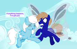 Size: 2640x1700 | Tagged: safe, artist:feather_bloom, imported from derpibooru, oc, oc:blue_skies, oc:feather_bloom, earth pony, pegasus, pony, couple, dialogue, duo, flying, gossamer wings, holding hooves, looking down, male, oc x oc, scared, shipping, show accurate, speech bubble, stallion, tail, wings