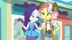 Size: 3410x1920 | Tagged: safe, imported from derpibooru, screencap, rarity, vignette valencia, equestria girls, equestria girls series, rollercoaster of friendship, bracelet, cellphone, clothes, cutie mark, cutie mark on clothes, duo, duo female, female, geode of shielding, high res, jewelry, magical geodes, phone, rarity peplum dress, smartphone, smiling