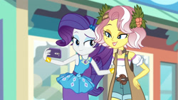 Size: 3410x1920 | Tagged: safe, imported from derpibooru, screencap, rarity, vignette valencia, equestria girls, equestria girls series, rollercoaster of friendship, bracelet, cellphone, clothes, cutie mark, cutie mark on clothes, female, geode of shielding, high res, jewelry, magical geodes, phone, rarity peplum dress, smartphone, smiling