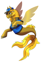 Size: 1075x1595 | Tagged: safe, artist:eternity9, imported from derpibooru, oc, oc only, pegasus, seapony (g4), blue eyes, chest fluff, clothes, dorsal fin, fin wings, fins, fish tail, flowing tail, hat, male, seaponified, simple background, smiling, solo, species swap, stallion, tail, transparent background, unshorn fetlocks, wings, yellow mane