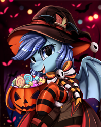 Size: 2550x3209 | Tagged: safe, artist:pridark, imported from derpibooru, oc, oc only, oc:nightlight charm, bat pony, pony, bat pony oc, clothes, commission, hat, high res, pumpkin bucket, socks, solo, striped socks, witch hat, ych result