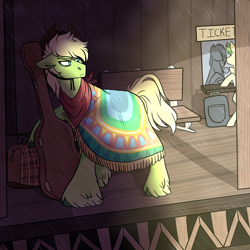 Size: 2000x2000 | Tagged: safe, artist:gingygin, imported from derpibooru, oc, oc only, oc:southern soul, pony, clothes, guitar case, high res, offspring, parent:apple bloom, parent:pipsqueak, parents:pipbloom, poncho, solo focus, train station, unshorn fetlocks