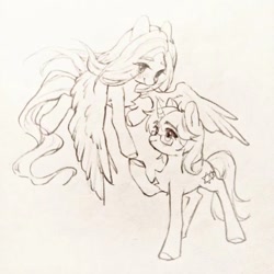 Size: 1080x1080 | Tagged: safe, artist:玉米, imported from derpibooru, fluttershy, oc, oc:forestar, pegasus, pony, unicorn, canon x oc, cute, duo, female, flutterstar, love, male, shipping, straight, traditional art