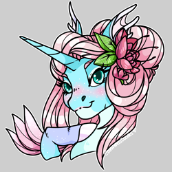 Size: 1750x1750 | Tagged: safe, artist:turianofhyrule, imported from derpibooru, oc, oc only, seapony (g4), unicorn, blue eyes, blushing, bust, commission, cute, eyelashes, female, flower, flowing mane, gray background, horn, leaf, nostrils, pink mane, seaponified, signature, simple background, smiling, solo, species swap