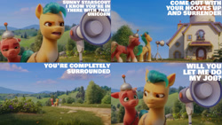 Size: 1280x720 | Tagged: safe, edit, edited screencap, editor:quoterific, imported from derpibooru, screencap, hitch trailblazer, sprout cloverleaf, earth pony, pony, spoiler:g5, spoiler:my little pony: a new generation, 3d, anti-mind reading cap, g5, male, my little pony: a new generation, open mouth, stallion