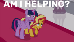 Size: 1280x720 | Tagged: safe, edit, edited screencap, editor:quoterific, imported from derpibooru, screencap, sunset shimmer, twilight sparkle, alicorn, pony, unicorn, equestria girls, equestria girls series, forgotten friendship, faic, female, mare, open mouth, twilight sparkle (alicorn)