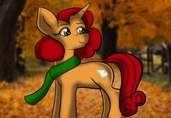 Size: 1100x758 | Tagged: safe, artist:tranzmuteproductions, imported from derpibooru, oc, oc only, oc:keyframe, pony, unicorn, clothes, eyelashes, female, horn, looking back, mare, outdoors, scarf, smiling, solo, tree, unicorn oc