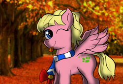 Size: 1100x758 | Tagged: safe, artist:tranzmuteproductions, imported from derpibooru, oc, oc only, oc:sweetie bloom, pegasus, pony, :p, clothes, cute, eyelashes, female, mare, ocbetes, outdoors, pegasus oc, scarf, solo, sweet dreams fuel, tongue out, tree, wings