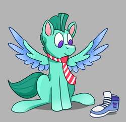 Size: 1000x970 | Tagged: artist needed, source needed, safe, imported from derpibooru, pegasus, pony, spoiler:my little pony: a new generation, clothes, g5, male, my little pony: a new generation, necktie, shoes, sitting, sneakers, solo, spread wings, stallion, thunder flap, wings