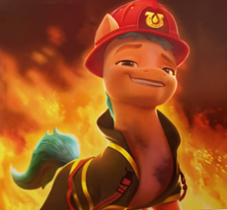 Size: 1054x978 | Tagged: safe, edit, edited screencap, imported from derpibooru, screencap, hitch trailblazer, spoiler:my little pony: a new generation, 3d, cropped, fire, firefighter, g5, looking at you, my little pony: a new generation, stupid sexy hitch trailblazer