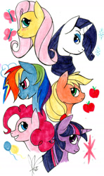 Size: 900x1525 | Tagged: safe, artist:ladyfitz, imported from derpibooru, applejack, fluttershy, pinkie pie, rainbow dash, rarity, twilight sparkle, earth pony, pegasus, pony, unicorn, bust, female, mane six, mare, signature, smiling, traditional art, unicorn twilight