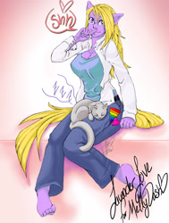 Size: 2127x2820 | Tagged: safe, artist:ladyfitz, imported from derpibooru, oc, anthro, cat, earth pony, plantigrade anthro, clothes, earth pony oc, female, glasses, high res, human facial structure, pants, shhh, signature, sitting, sleeping, smiling