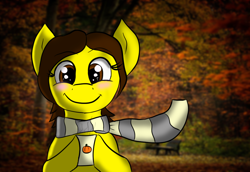 Size: 1100x758 | Tagged: safe, artist:tranzmuteproductions, imported from derpibooru, oc, oc only, earth pony, pony, bust, clothes, earth pony oc, female, mare, mug, outdoors, scarf, solo, tree